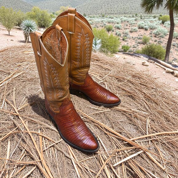 Men's Vintage J840 Teju Lizard Brown Leather Cowboy Boots Size 7B - Picture 1 of 11